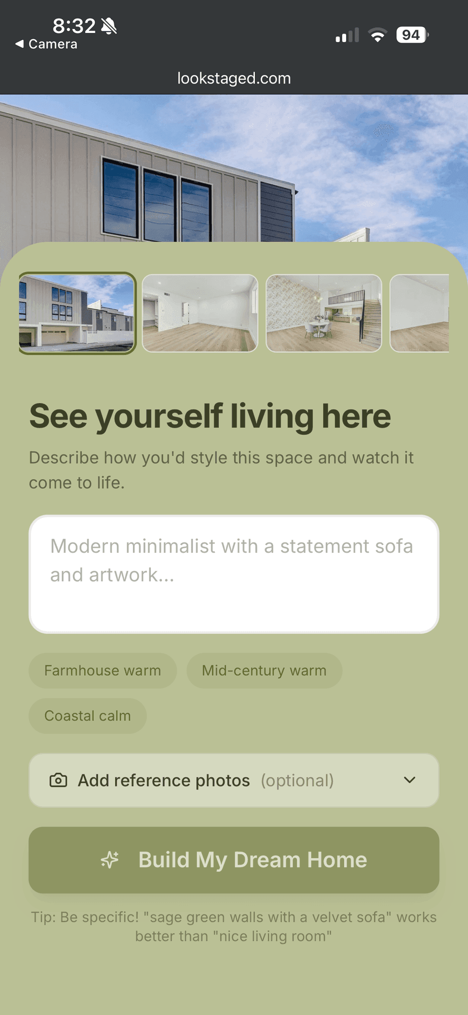 The buyer page open on an iPhone, with the style prompt and Build My Dream Home button
