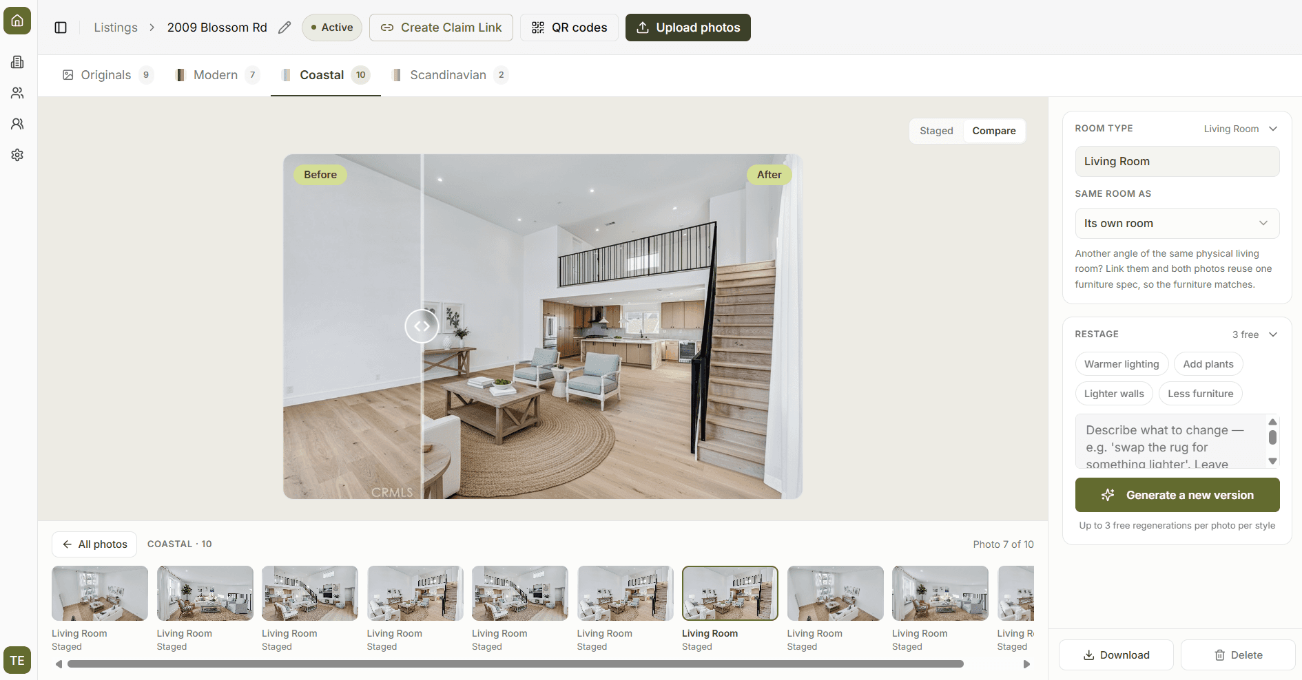 A LookStaged living room in the Coastal style, dragged half-way against the empty original photo