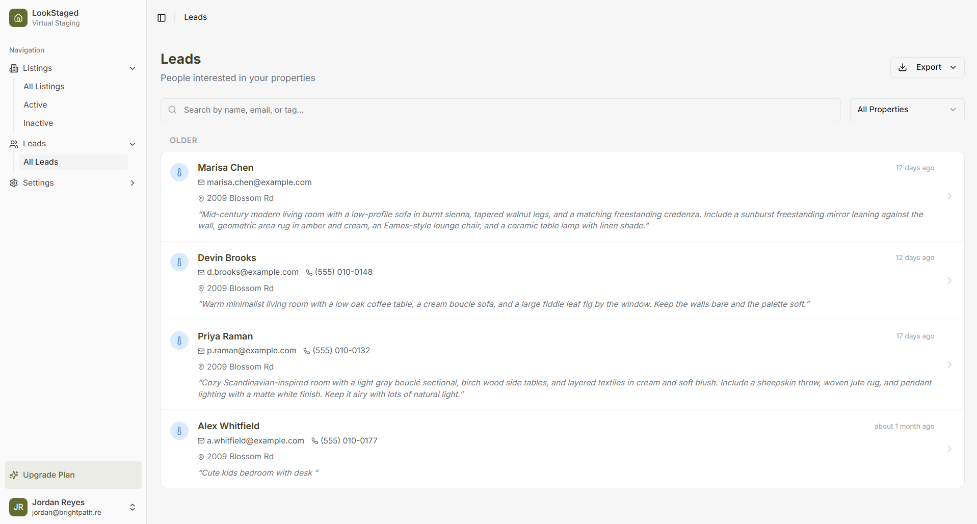 LookStaged leads inbox listing buyers with their contact details and the room they described