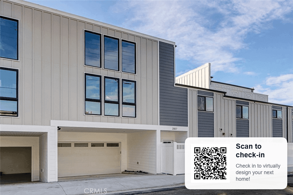 A listing photo with a scan to check-in QR card overlaid in the corner