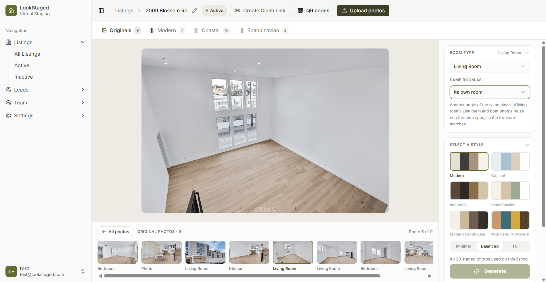 Choosing a room type and staging style for an empty living room in LookStaged