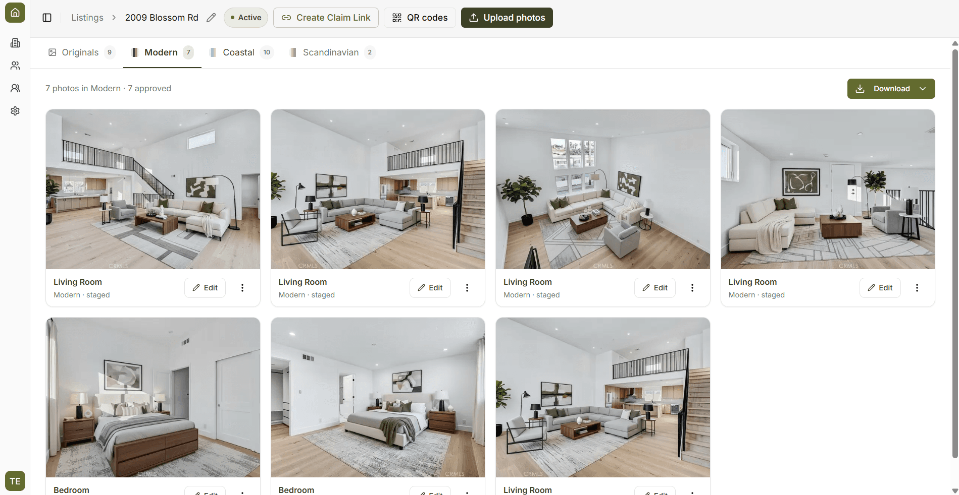 The Modern style tab in LookStaged showing seven staged rooms ready to download
