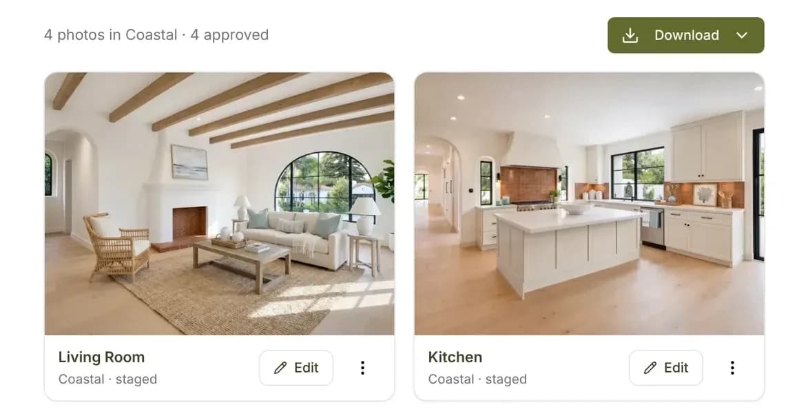The Coastal style tab for Casa del Sol, with the living room and kitchen staged and ready to download