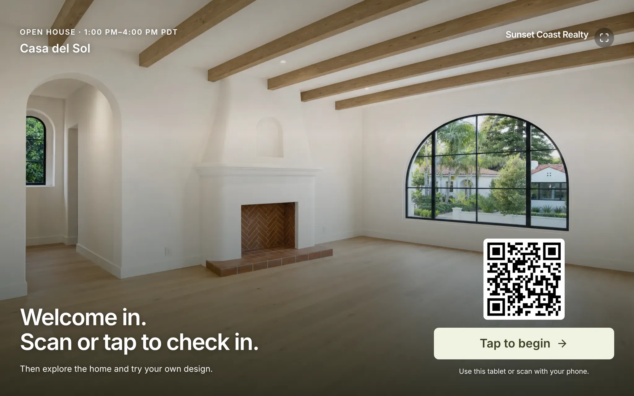 The Casa del Sol open-house check-in kiosk with office branding